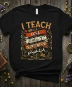 Black t-shirt featuring the quote "I Teach Love Equality Strength Kindness" in decorative fonts with ribbon graphics and small book