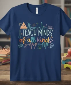 T-shirt with the quote "I Teach Minds of All Kinds" in colorful typography, featuring educational icons like books and a