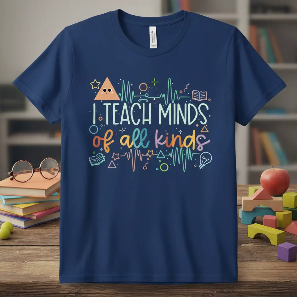 I Teach Minds of All Kinds quote on a navy t-shirt with educational graphics and symbols
