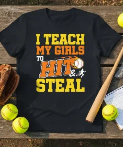 I Teach My Girls To Hit & Steal softball t-shirt with bold orange and yellow text and baseball graphic