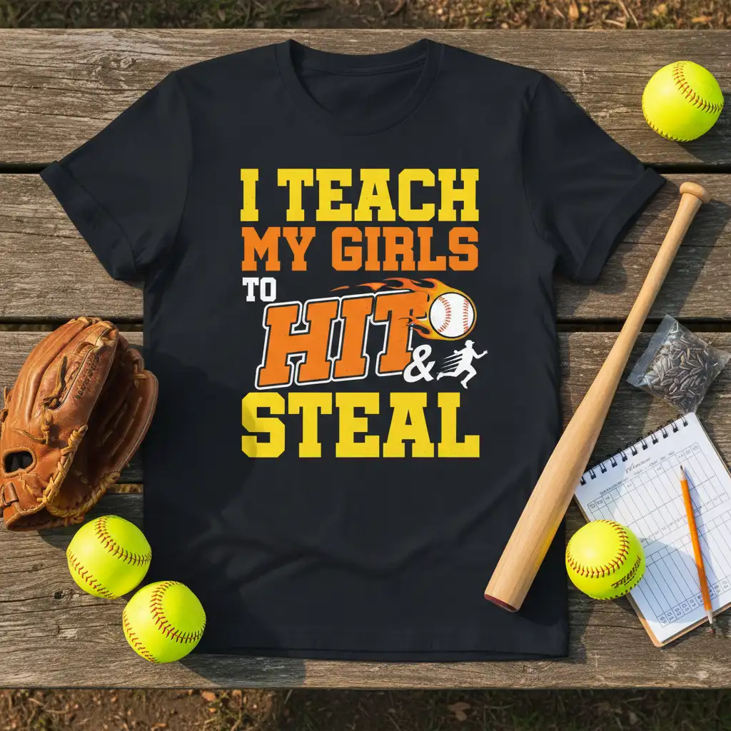 I Teach My Girls To Hit & Steal sports quote on a black t-shirt with baseball imagery