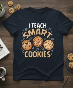 I TEACH SMART COOKIES text with three cute cartoon cookies wearing glasses on a navy t-shirt