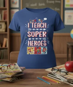 I Teach Super Heroes text design with cartoon superheroes and children graphic on a blue t-shirt