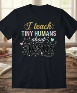 Christian t-shirt with "I teach TINY HUMANS about Jesus" in colorful glitter and script fonts, featuring small stick figures and