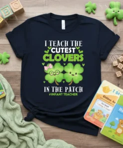 I Teach The Cutest Clovers In The Patch t-shirt with cute clover graphics and #INFANT TEACHER text
