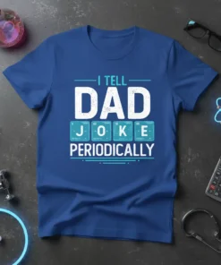 Blue t-shirt with "I TELL DAD JOKE PERIODICALLY" text, using periodic table elements for JOKE