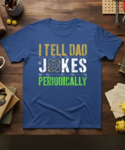 I Tell Dad Jokes Periodically science pun t-shirt featuring periodic table elements and atomic graphics