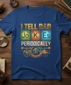 I Tell Dad Jokes Periodically T-Shirt with periodic table design and steampunk gears, funny science quote