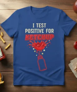 Blue t-shirt with white and red text that reads "I TEST POSITIVE FOR KETCHUP" and a ketchup splash graphic