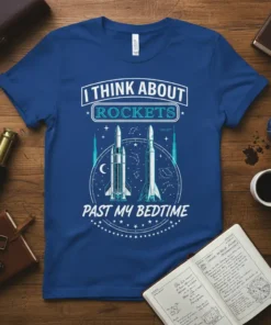 I THINK ABOUT ROCKETS PAST MY BEDTIME quote on a blue t-shirt with rocket graphics and celestial elements