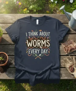 I Think About Worms Every Day t-shirt with illustration of worms, mushrooms, and gardening tools