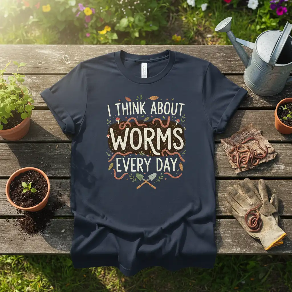 I Think About Worms Every Day humorous gardening quote with illustrative worms and shovels
