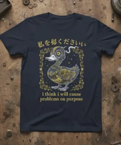 Steampunk mechanical duck with Japanese text saying "Please Make Me Angry" and English text "i think i will cause problems