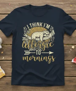 Navy t-shirt with "I Think I'm Allergic To Mornings" text and a sleeping sloth graphic