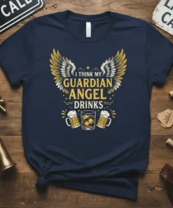 I Think My Guardian Angel Drinks quote t-shirt with golden wings and beer mugs graphic