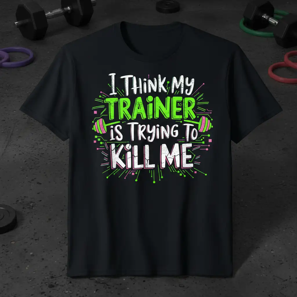I Think My Trainer Is Trying To Kill Me bold typography design with neon accents for gym lovers