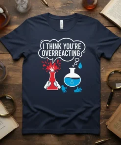 T-shirt with "I Think You're Overreacting" text and cartoon science experiment graphics