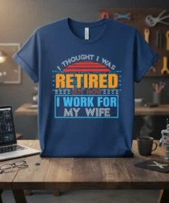 T-shirt with "I Thought I Was Retired But Now I Work For My Wife" text, featuring orange and blue retro