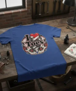 T-shirt design with text "I Toes" in a banner, surrounded by feet and roses, tattoo style