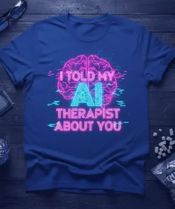 T-shirt with "I Told My AI Therapist About You" neon text and a glowing brain graphic, perfect for AI enthusiasts