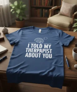 White text "I Told My Therapist About You" with a brain graphic on a blue t-shirt