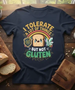 I TOLERATE a lot of THINGS BUT NOT GLUTEN text with a crying toast character, rainbow, and crystals graphic on