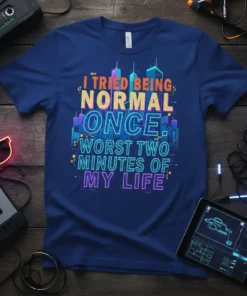 I TRIED BEING NORMAL ONCE. WORST TWO MINUTES OF MY LIFE quote on a dark blue t-shirt with vibrant city