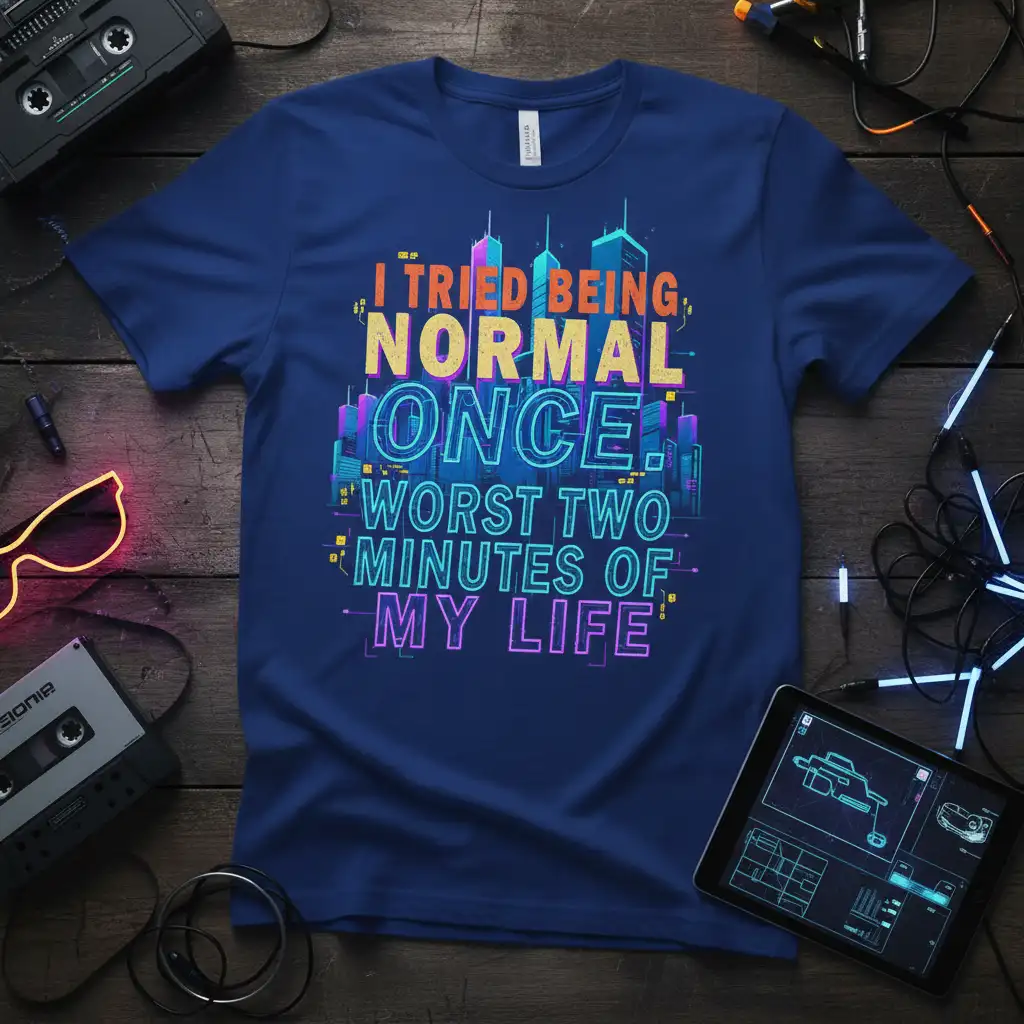 I TRIED BEING NORMAL ONCE. WORST TWO MINUTES OF MY LIFE quote on a blue tee with neon city graphics
