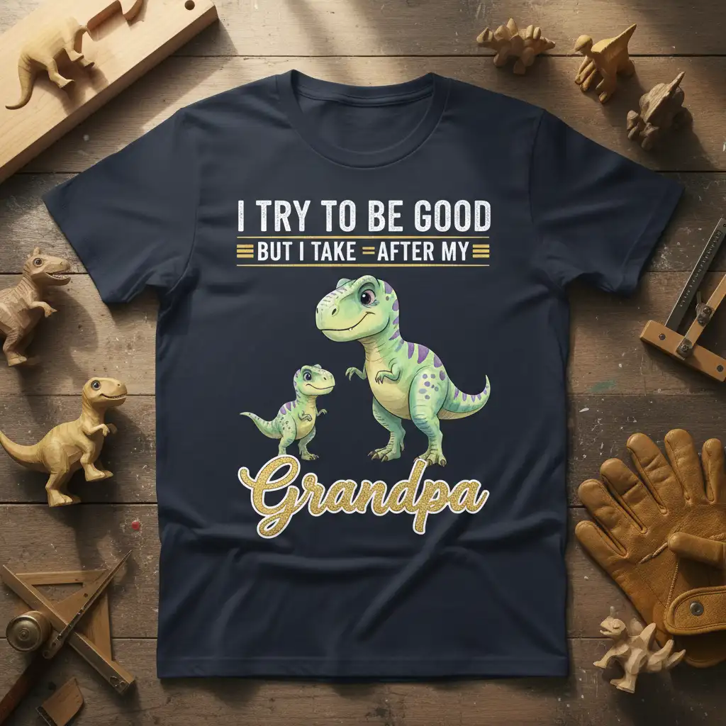 I Try To Be Good But I Take After My Grandpa quote with cartoon dinosaurs design on a navy t-shirt