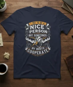 Navy t-shirt with the quote "I Try To Be A Nice Person But Sometimes My Mouth Cooperate" in distressed vintage