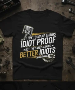 Black t-shirt with white and yellow text "I Try To Make Things Idiot Proof But They Keep Making Better Idiots"
