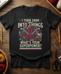 I Turn Yarn Into Things What's Your Superpower? t-shirt with yarn ball and crochet hooks design