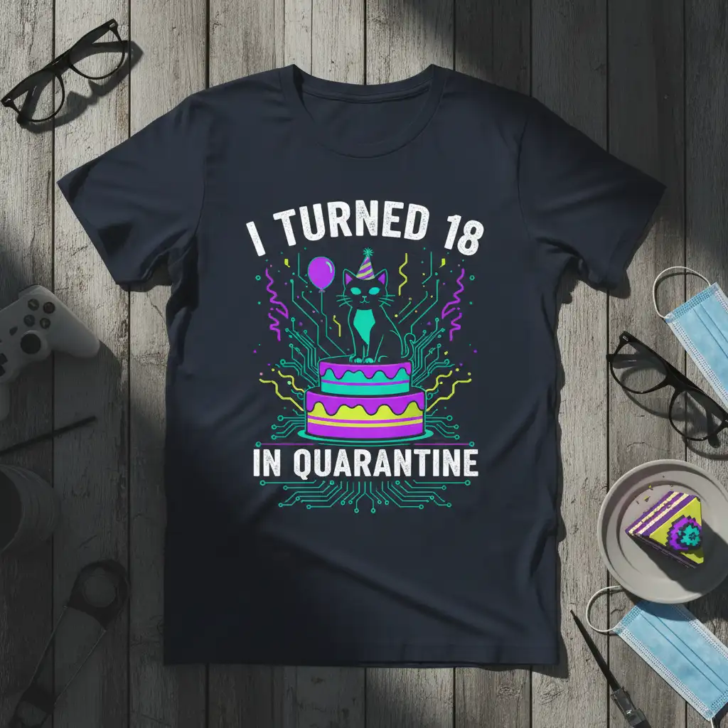 I Turned 18 In Quarantine quote with a cat on a cake design, featuring retro tech graphics and party elements