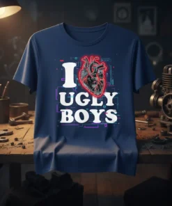 I UGLY BOYS text with a stylized anatomical heart graphic on a navy t-shirt