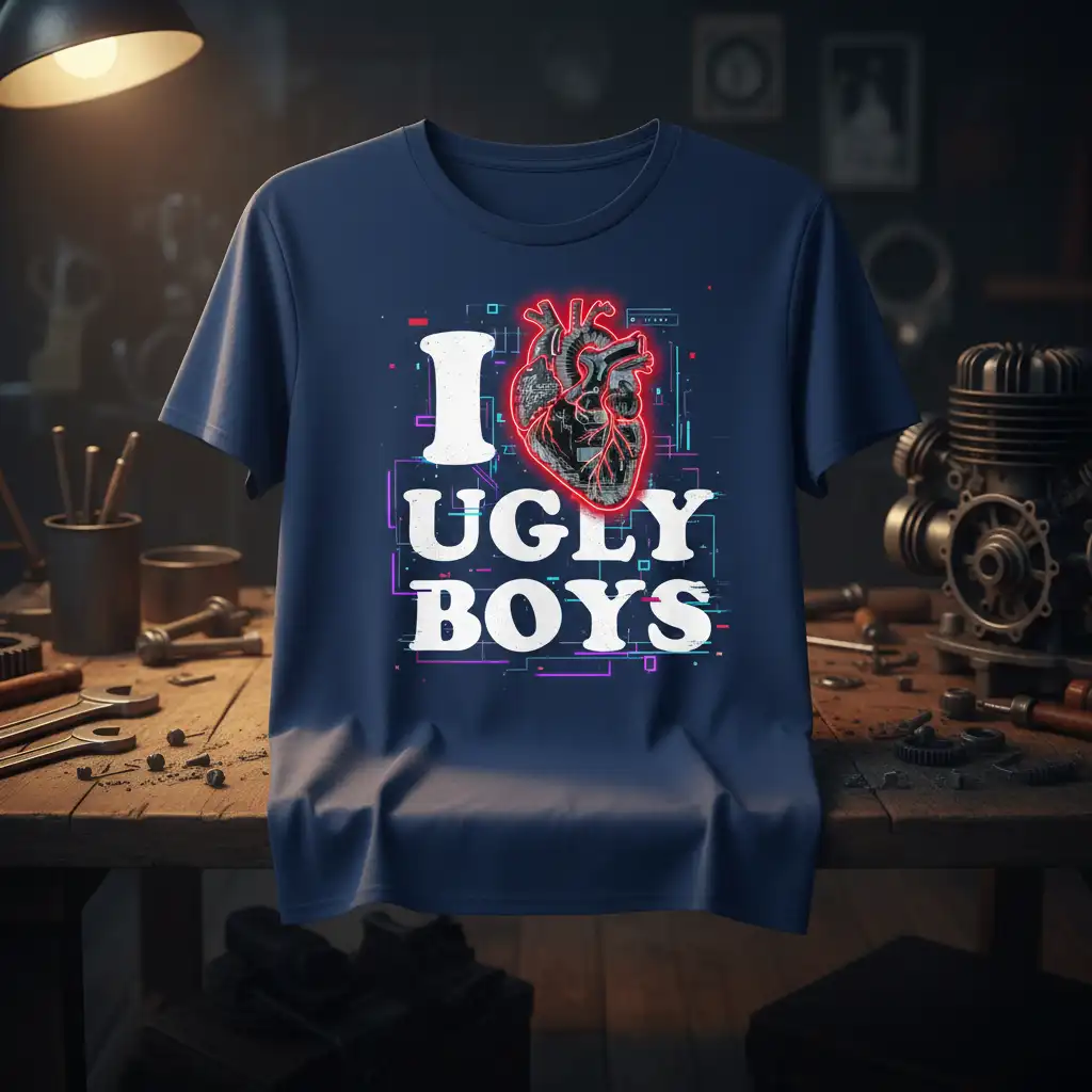 I UGLY BOYS text and anatomical heart graphic on a navy blue t-shirt design