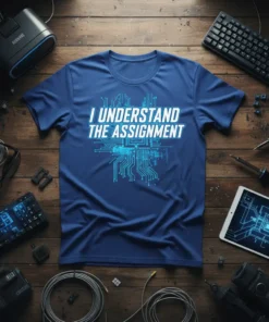 I Understand The Assignment quote on a blue t-shirt with circuit board graphic, for tech enthusiasts