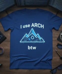 I use ARCH btw t-shirt with a stylized mountain graphic and circuit board design, showcasing Arch Linux pride