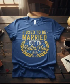 I Used to Be Married But I'm Better Now humorous quote t-shirt with laurel wreath graphic