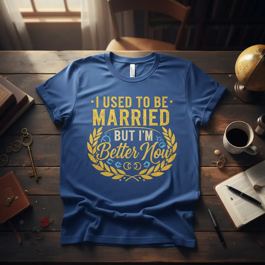 I Used to Be Married But I'm Better Now quote t-shirt with laurel wreath graphic, celebrating independence