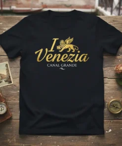 I Venezia Canal Grande text with winged lion graphic on black t-shirt