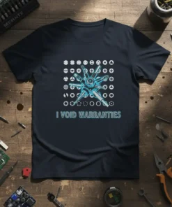 T-shirt design with the text "I Void Warranties" and a central graphic of tools surrounded by screws