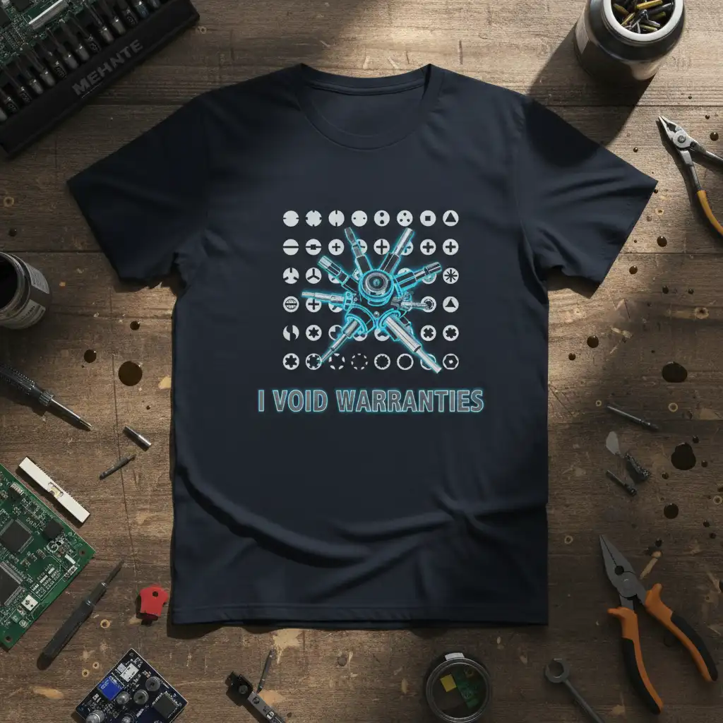 I Void Warranties text with mechanical graphic and tool icons on a t-shirt