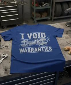 Blue t-shirt with white distressed text "I Void Warranties" above crossed wrenches graphic