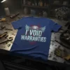 I VOID WARRANTIES text with winged robot graphic on a navy blue t-shirt