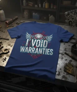 I VOID WARRANTIES text with winged robot graphic on a navy blue t-shirt