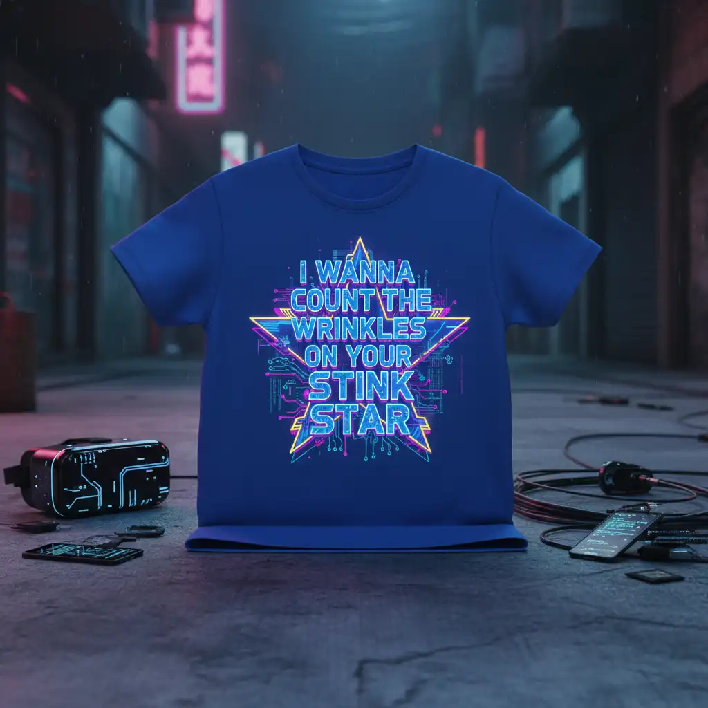I WANNA COUNT THE WRINKLES ON YOUR STINK STAR humorous quote on a blue tee with neon star and circuit design