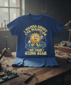 Retro sun graphic with quote "I Wanna Count The Wrinkles On Your Stink Star" on a blue t-shirt