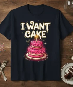 I WANT CAKE text with a pink birthday cake and candle on a navy t-shirt design