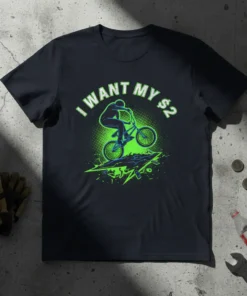 I Want My $2 BMX rider performing a trick, graphic tee with neon green accents, dark t-shirt design