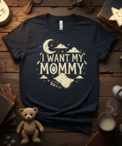 "I Want My Mommy" text design with a crescent moon, ghost, clouds, and stars on a dark t-shirt